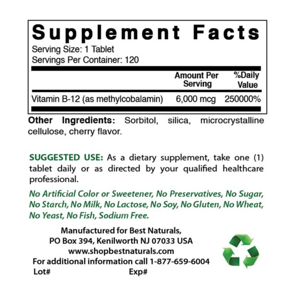 Tabletas sublinguales vitamina b12 best naturals 6000mcg