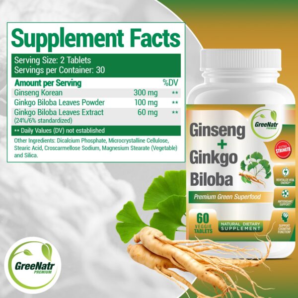 Tabletas veganas GreeNatr ginkgo y ginseng para cerebro