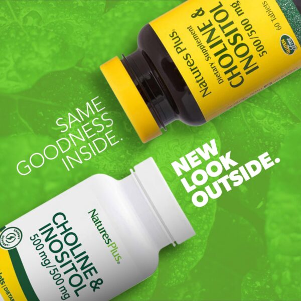 Tabletas vegetarianas Natures Plus colina e inositol vista frontal