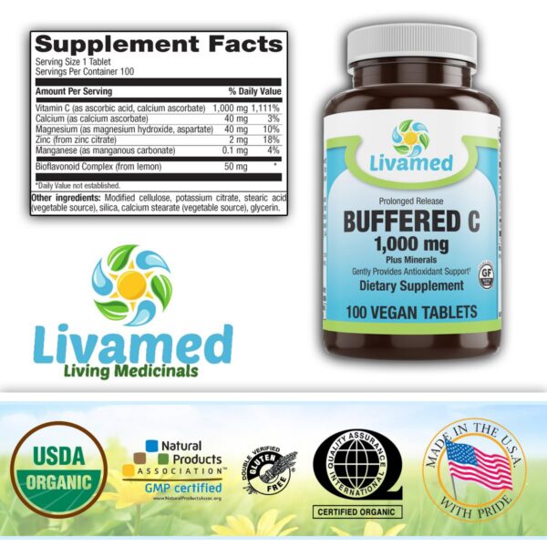 Tabletas vegetarianas vitamina C buffered liberación prolongada Livamed