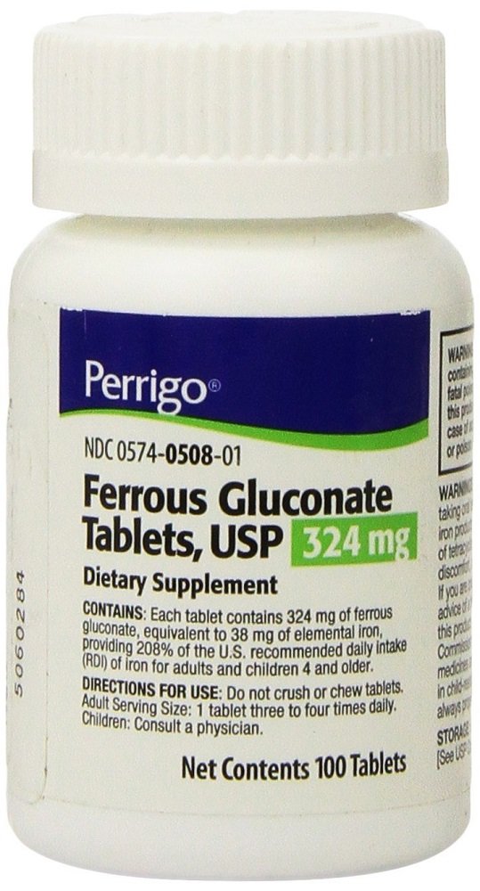 Tabletas verdes Perrigo de gluconato ferroso, suplemento de 324mg para hierro
