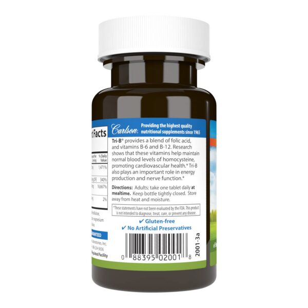 Tabletas vitamina B6 B12 y ácido fólico Carlson Tri-B
