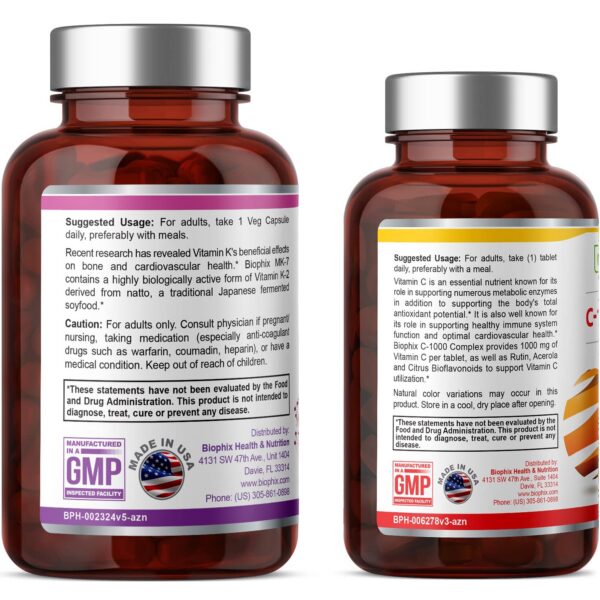 Tabletas de vitamina K2 MK-7 100 mcg y vitamina C de biophix