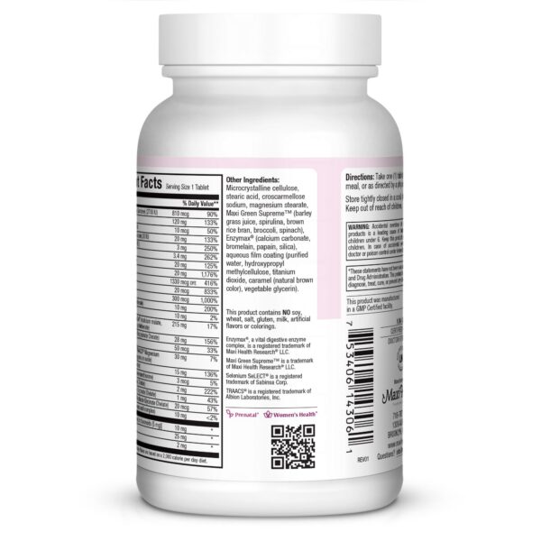 Tabletas de vitaminas prenatales Maxi Health One sobre mesa