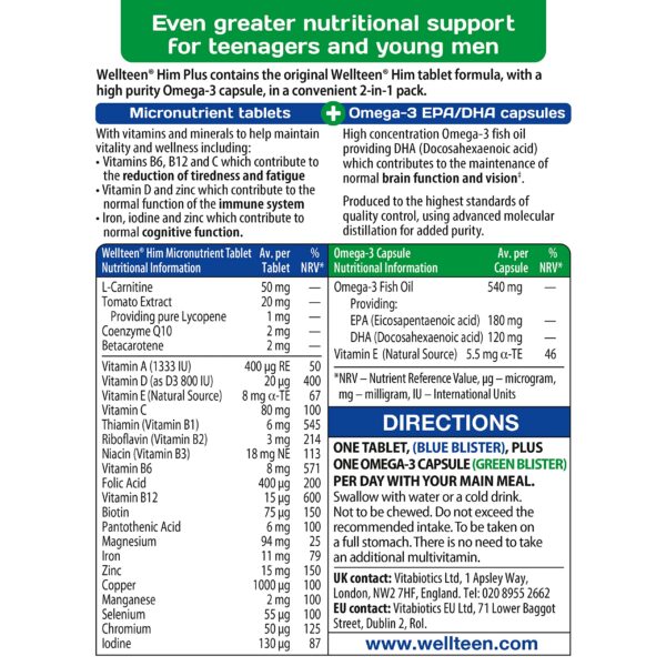 Tabletas Wellteen Him Plus para adolescentes y jóvenes hombres