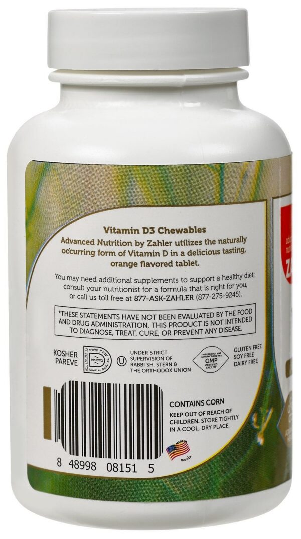 Tabletas Zahler vitamina D masticable frasco y presentación