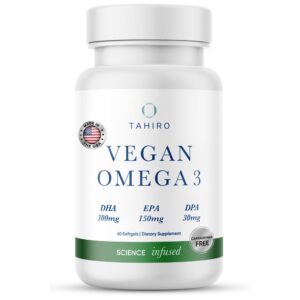 Frasco Tahiro Omega-3 vegano con etiqueta