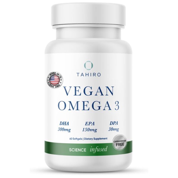 Frasco Tahiro Omega-3 vegano con etiqueta