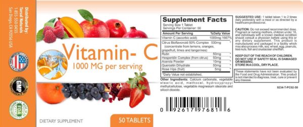 Caja y etiqueta del producto Vitamina C 1000 mg