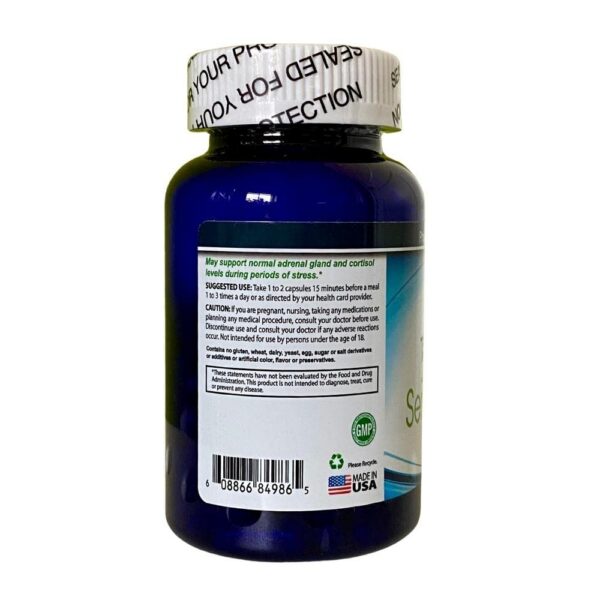 Detalle de la etiqueta SerenCalm y cápsulas