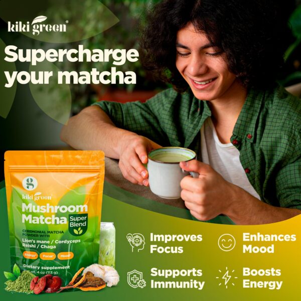 Version 1.0.0 Taza con bebida de matcha y hongos KIKI Green con sabor suave y saludable