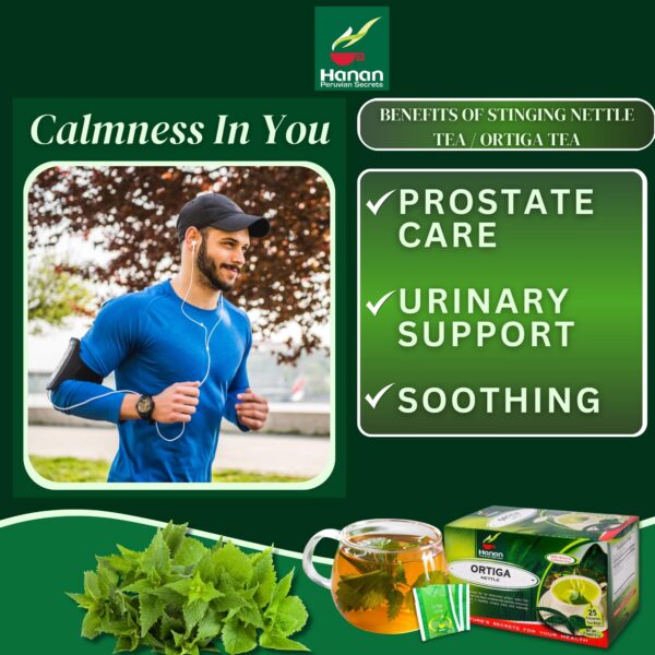 Version 1.0.0 Té de Ortiga Hanan bolsita abierta mostrando hojas de ortiga