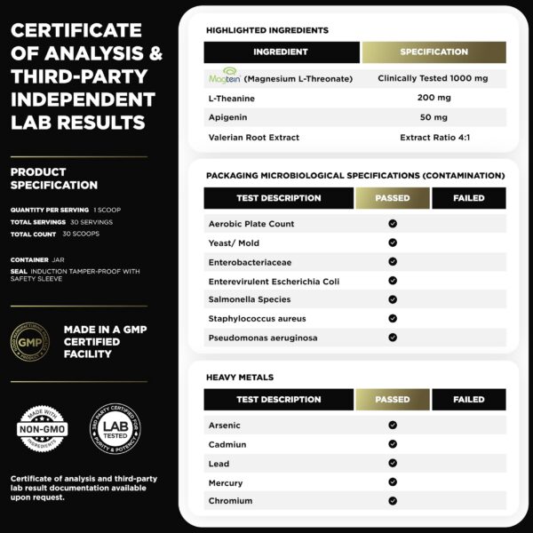 Etiqueta del producto Magtein Mg L-Threonate con Apigenina y Melatonina