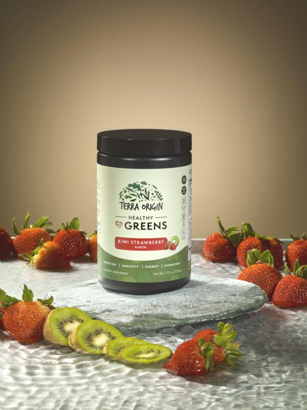 Frasco Terra Origin con etiqueta frontal y texto