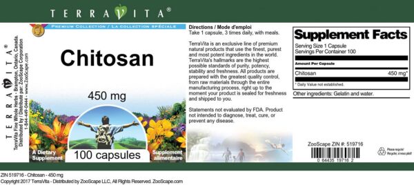 Cápsulas de Chitosan Terravita 450 mg en frasco