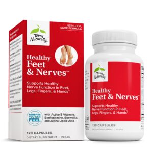 Botella del suplemento Terry Naturally Healthy Feet & Nerves con cápsulas veganas