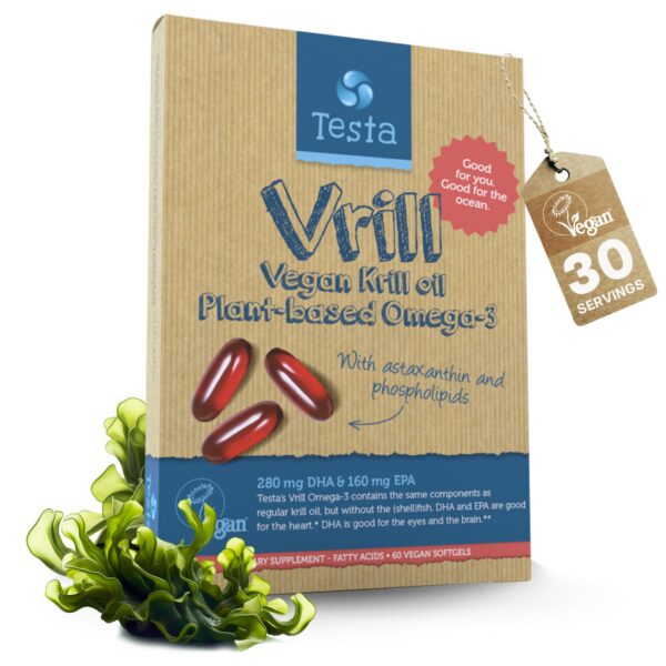 Version 1.0.0 Frasco y etiqueta de Testa Omega 3 Vrill Oil