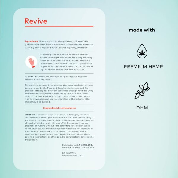 Parche Revive con cáñamo y DHM en empaque