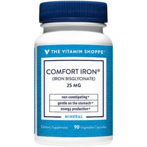 Version 1.0.0 Caja y botella de The Vitamin Shoppe Comfort Iron 25MG