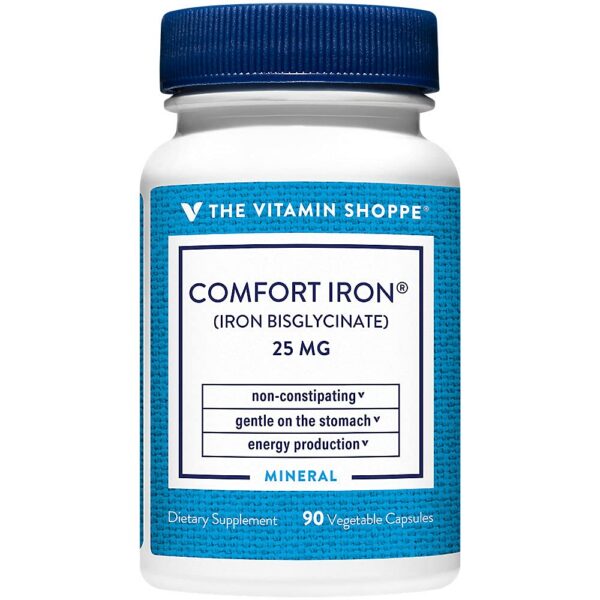 Caja y botella de The Vitamin Shoppe Comfort Iron 25MG