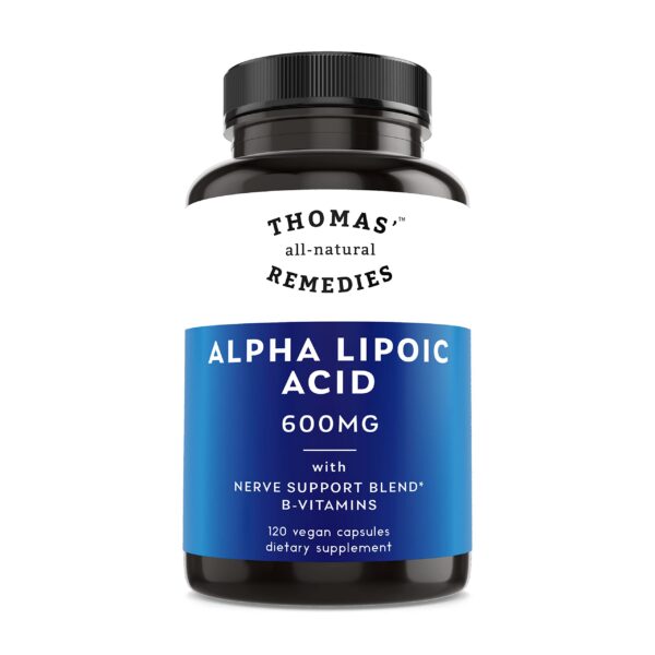 Version 1.0.0 Frente del producto Thomas' all-natural Remedies ALA 600 mg cápsulas