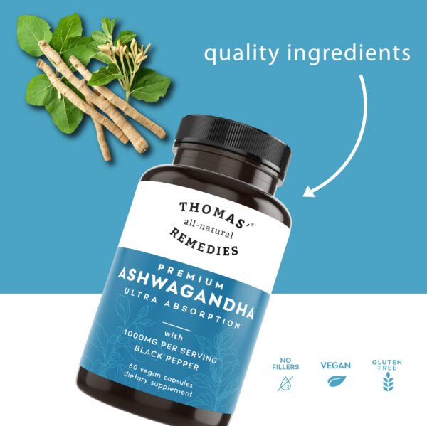 Frasco suplemento ashwagandha natural thomas remedies 60 capsulas