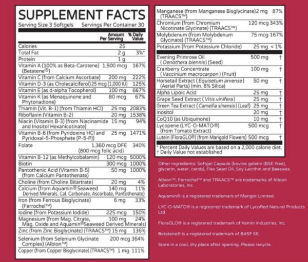 Envase y presentación Thrivetality ONE Woman Multivitamin