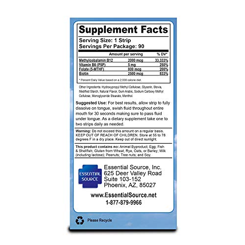 Tiras energéticas B12 con biotina y folato Essential Source