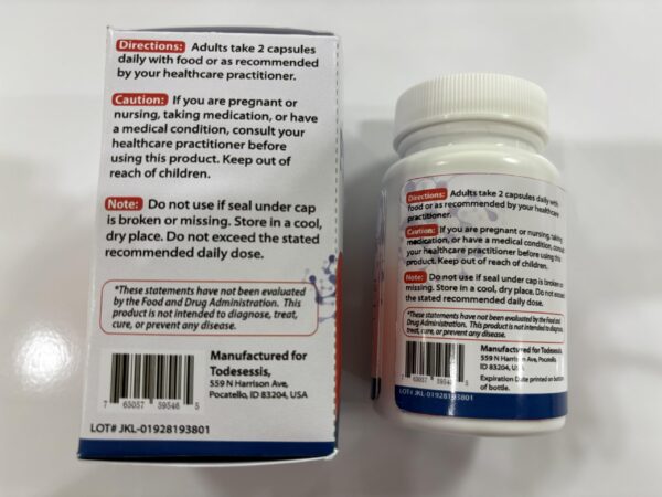 Etiqueta de suplemento probiótico Todesessis para salud intestinal