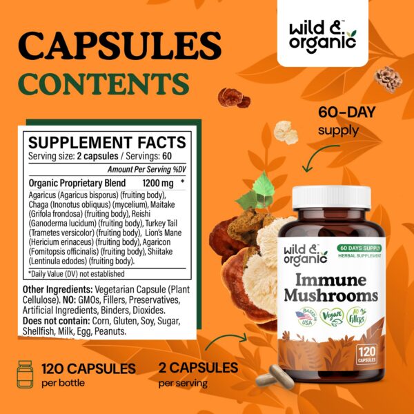Tomando cápsula de hongo inmunitario Wild & Organic