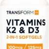 Frasco TransformHQ vitamina K2 MK7 y D3 5000 UI 120 cápsulas blandas