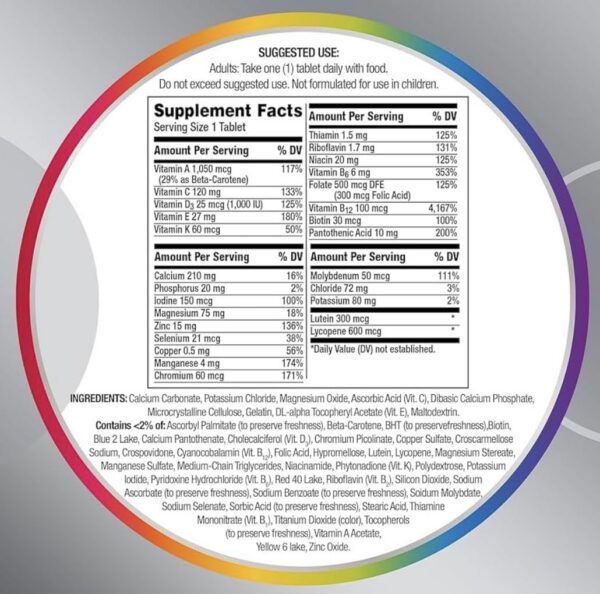 Etiqueta posterior del frasco Centrum Silver