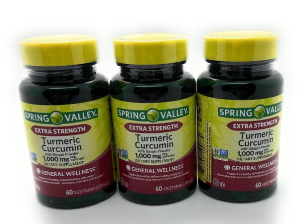 Tres botellas suplemento cúrcuma jengibre Spring Valley 180 cápsulas