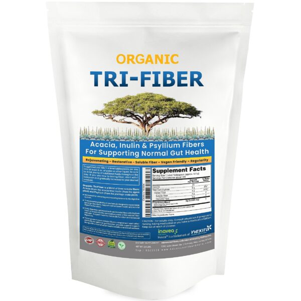 Tri-Fiber polvo de fibra soluble orgánica suplemento envase frontal