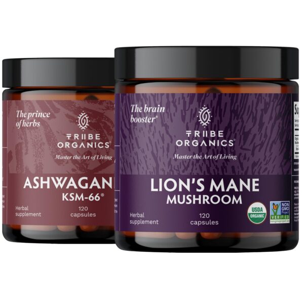 Frasco del dúo Nootrópico TRIBE ORGANICS con Ashwagandha y Melena de León