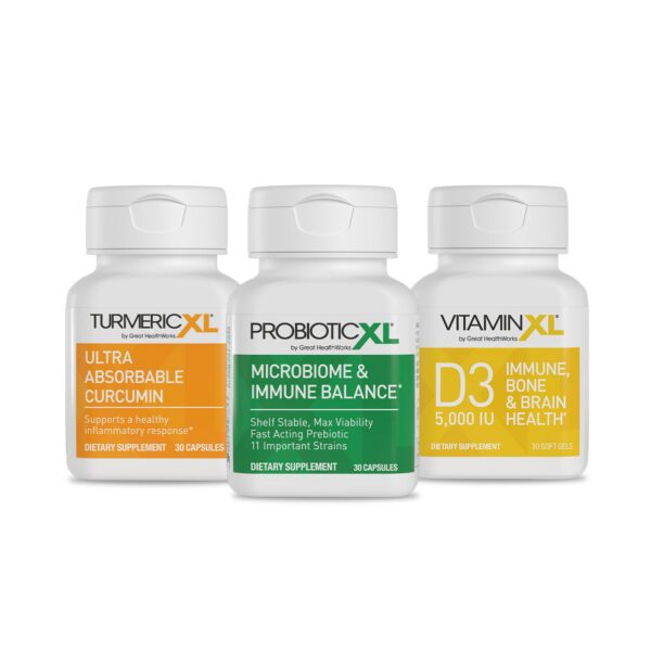 TrioXL empaque frontal con ProbioticXL TurmericXL y VitaminXL D3