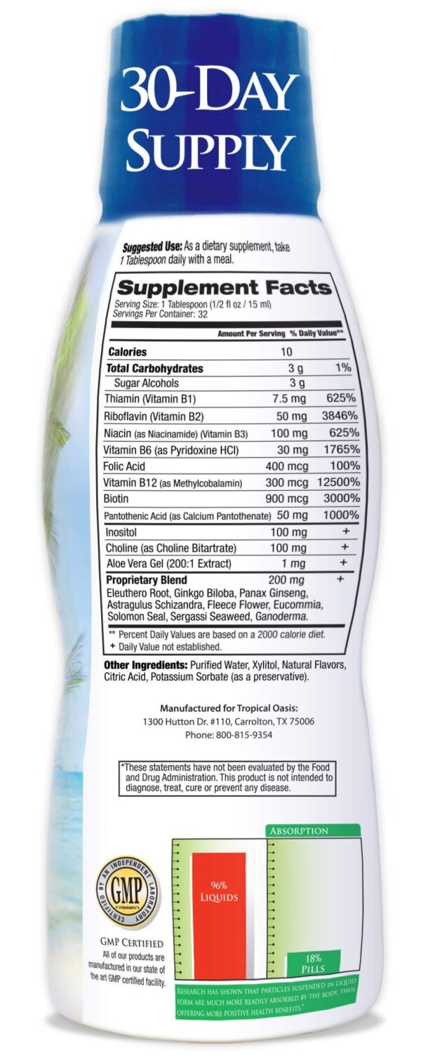 Etiqueta frontal de Tropical Oasis Complejo B líquido
