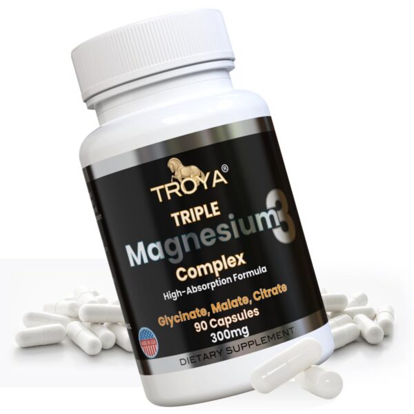 Troya Triple Magnesium Complex etiqueta y cápsulas frontales