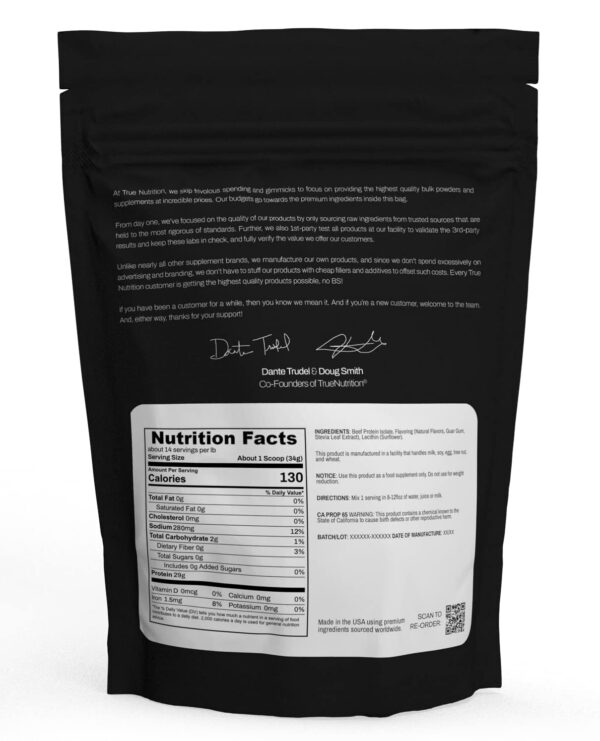 Etiqueta de proteína de res alimentada con pasto True Nutrition