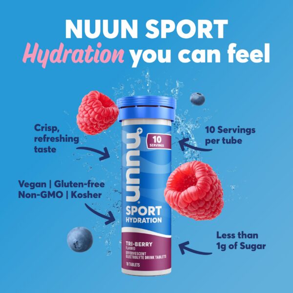Version 1.0.0 Tubo Nuun Sport con tabletas efervescentes sabor tri berry