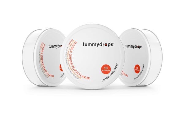 Version 1.0.0 Tummydrops pastillas orgánicas de doble jengibre y durazno paquete 3 latas