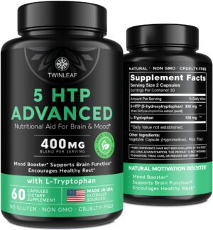 Frasco de cápsulas veganas Twinleaf 5-HTP para apoyo al ánimo y relajación