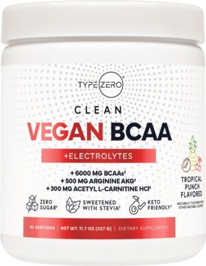 Type Zero BCAA polvo vegano frente etiqueta Tropical Punch