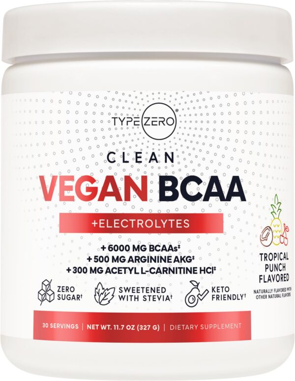 Version 1.0.0 Type Zero BCAA polvo vegano frente etiqueta Tropical Punch