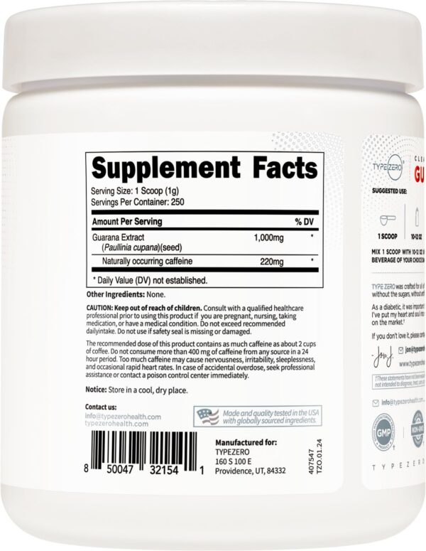 Polvo de guaraná Type Zero muestra contenido