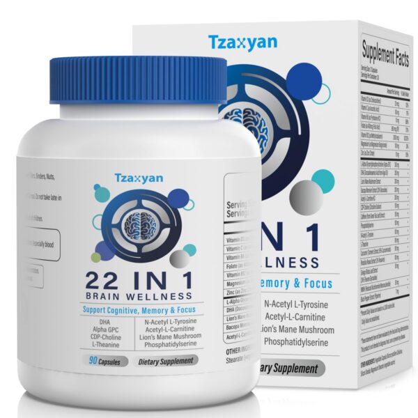 Frente del frasco tzaxyan brain supplement 90 cápsulas azul