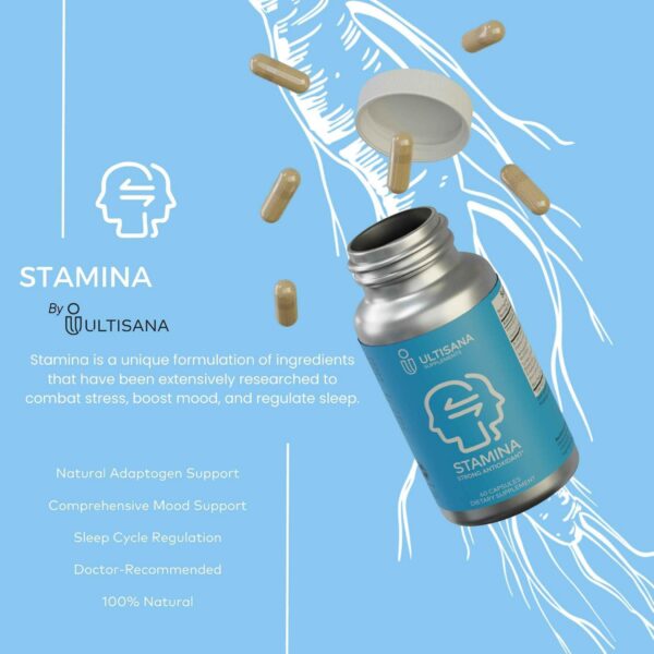 Caja y botella del suplemento Ultisana Stamina para mejorar el ánimo