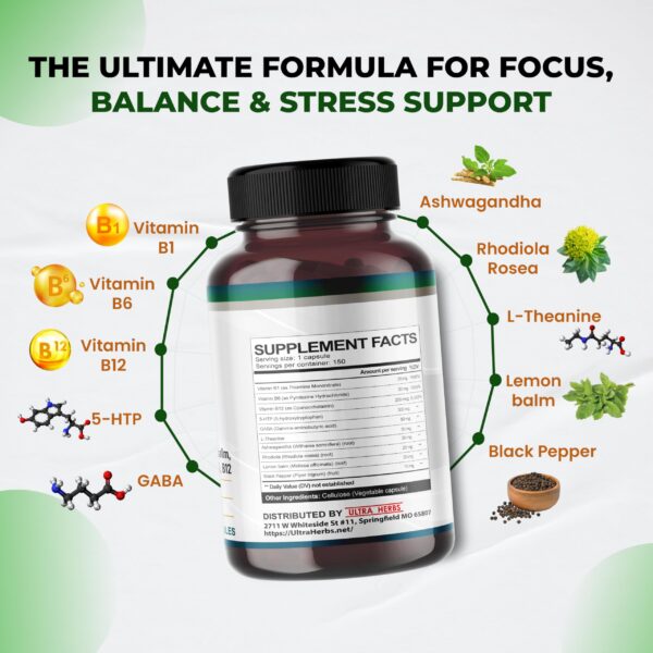 Etiqueta de ULTRA HERBS 5-HTP con ingredientes botánicos