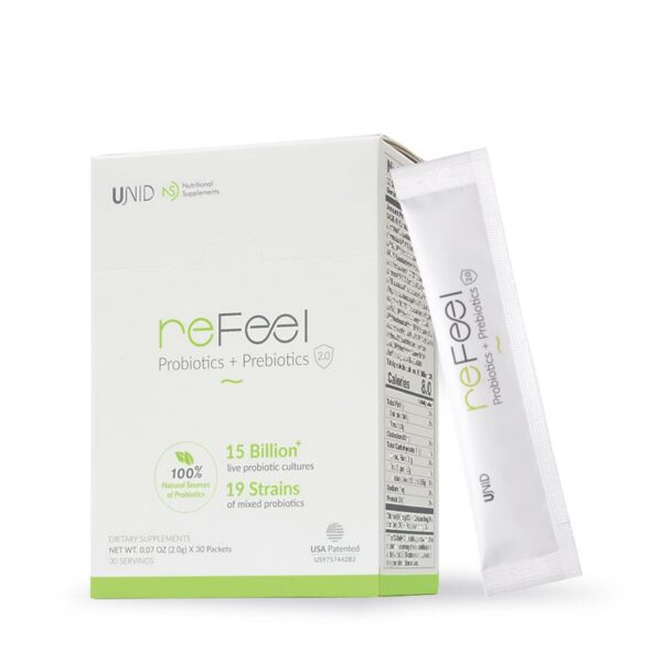 UNID reFeel 2.0 probióticos y prebióticos 30 paquetes caja imagen 1