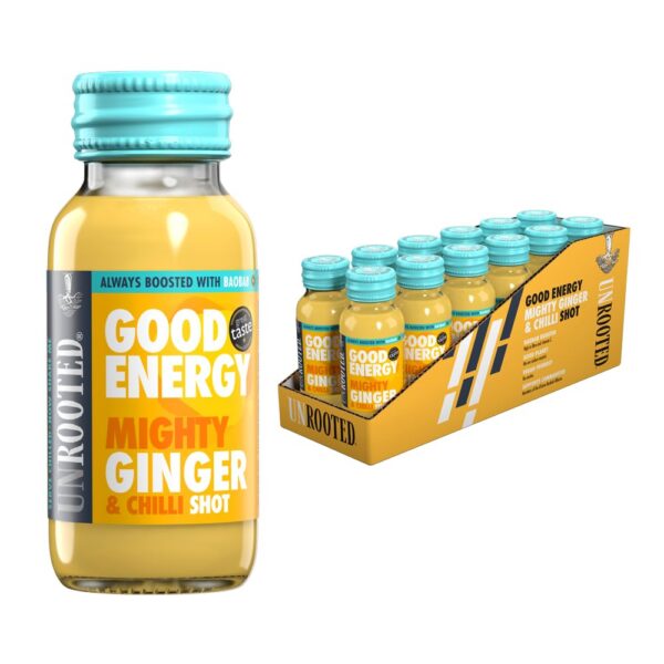 Frasco de UNROOTED Good Energy Shot Mighty Ginger 60ml